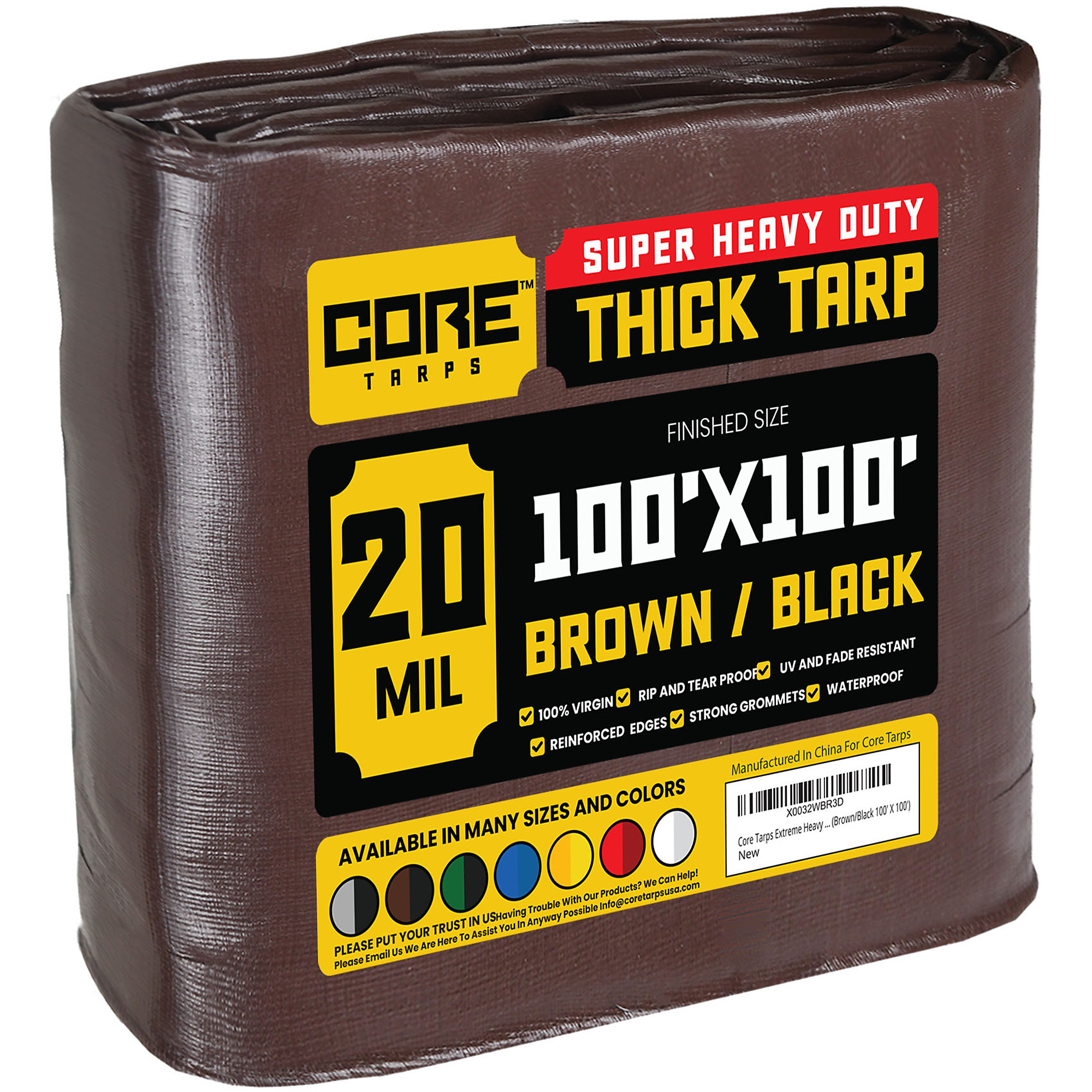 Core Tarps Extreme Heavy-Duty Tarp Cover — 100ft. x 100ft., 20 Mil, Waterproof, UV Resistant, Rip and Tear Proof, Reinforced Edges, Brown/Black, Model# CT-702-100X100